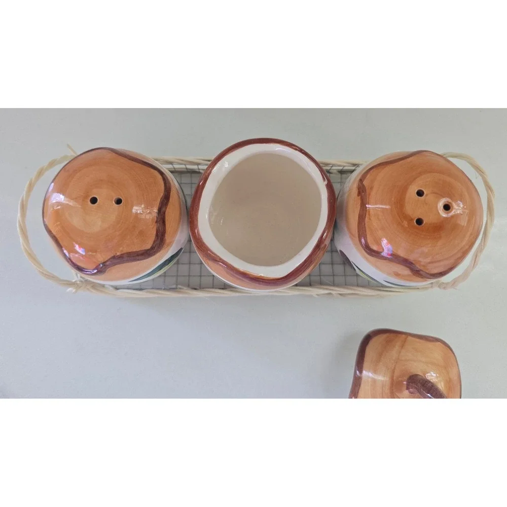 Ceramic Olive Branch Salt‎ Pepper Shakers and Sugar Pot Set with Wicker Caddy